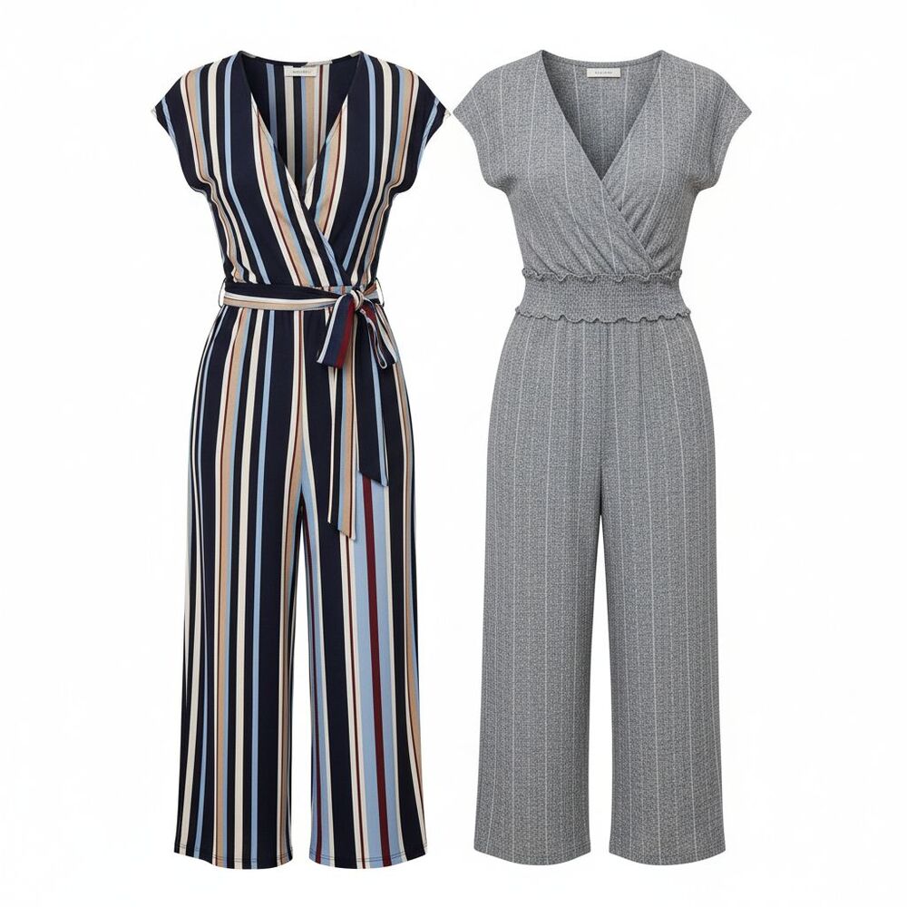 Women’s Jumpsuit Bundle Size M Stripe & Gray Wrap Style Sleeveless 2 Piece Lot